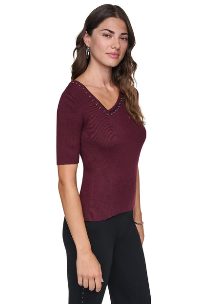 DKNY ASYMMETRIC NECK STUDDED SWEATER