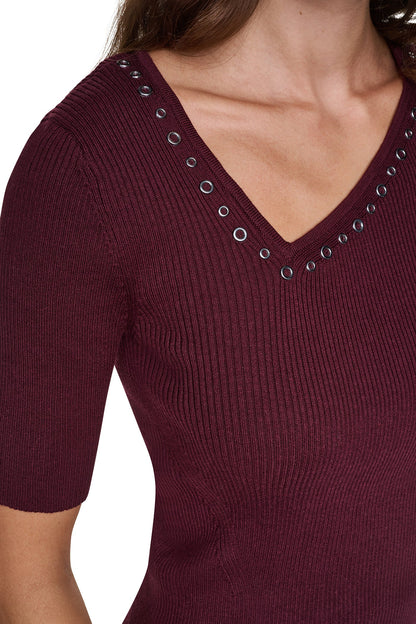 DKNY ASYMMETRIC NECK STUDDED SWEATER