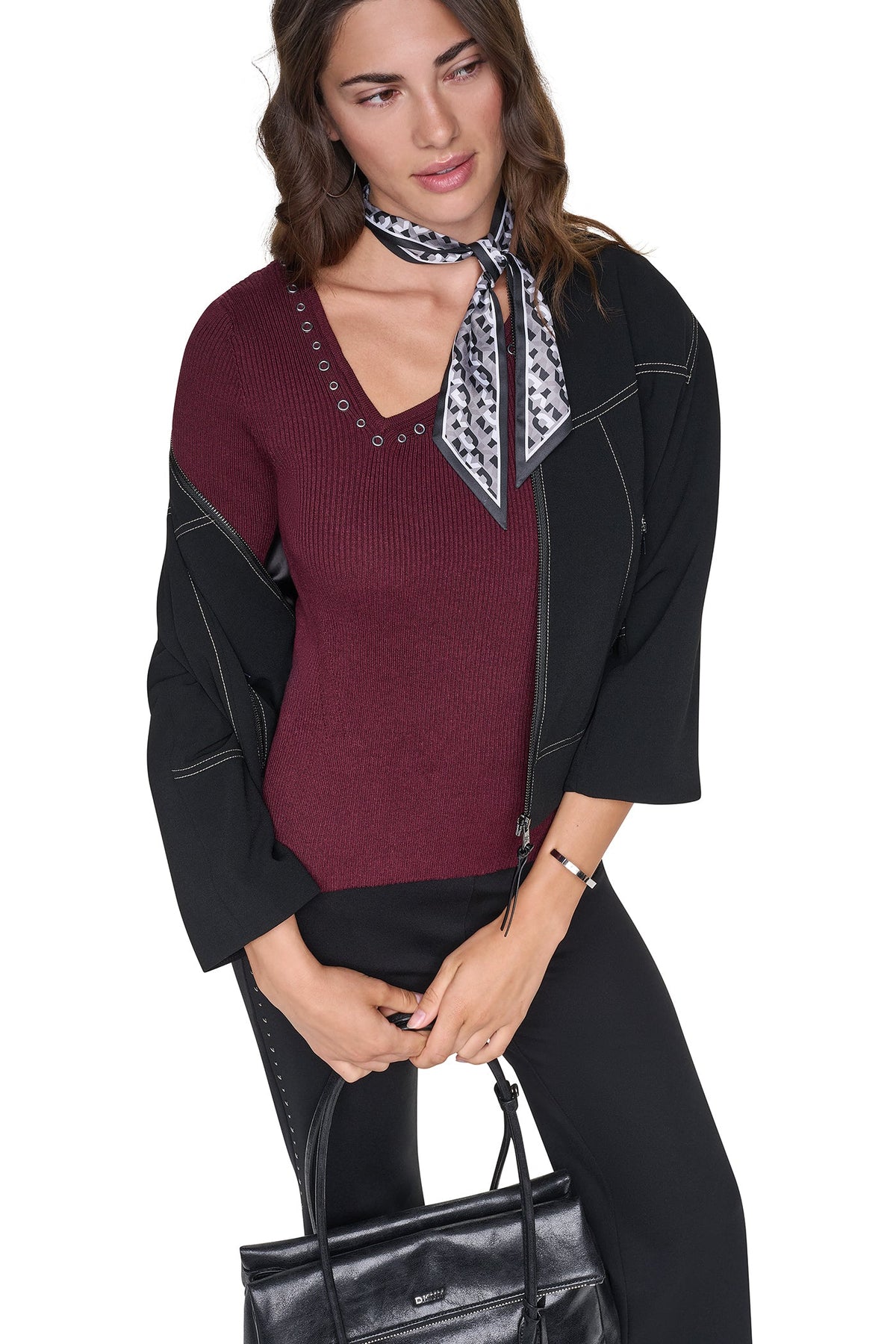 DKNY ASYMMETRIC NECK STUDDED SWEATER