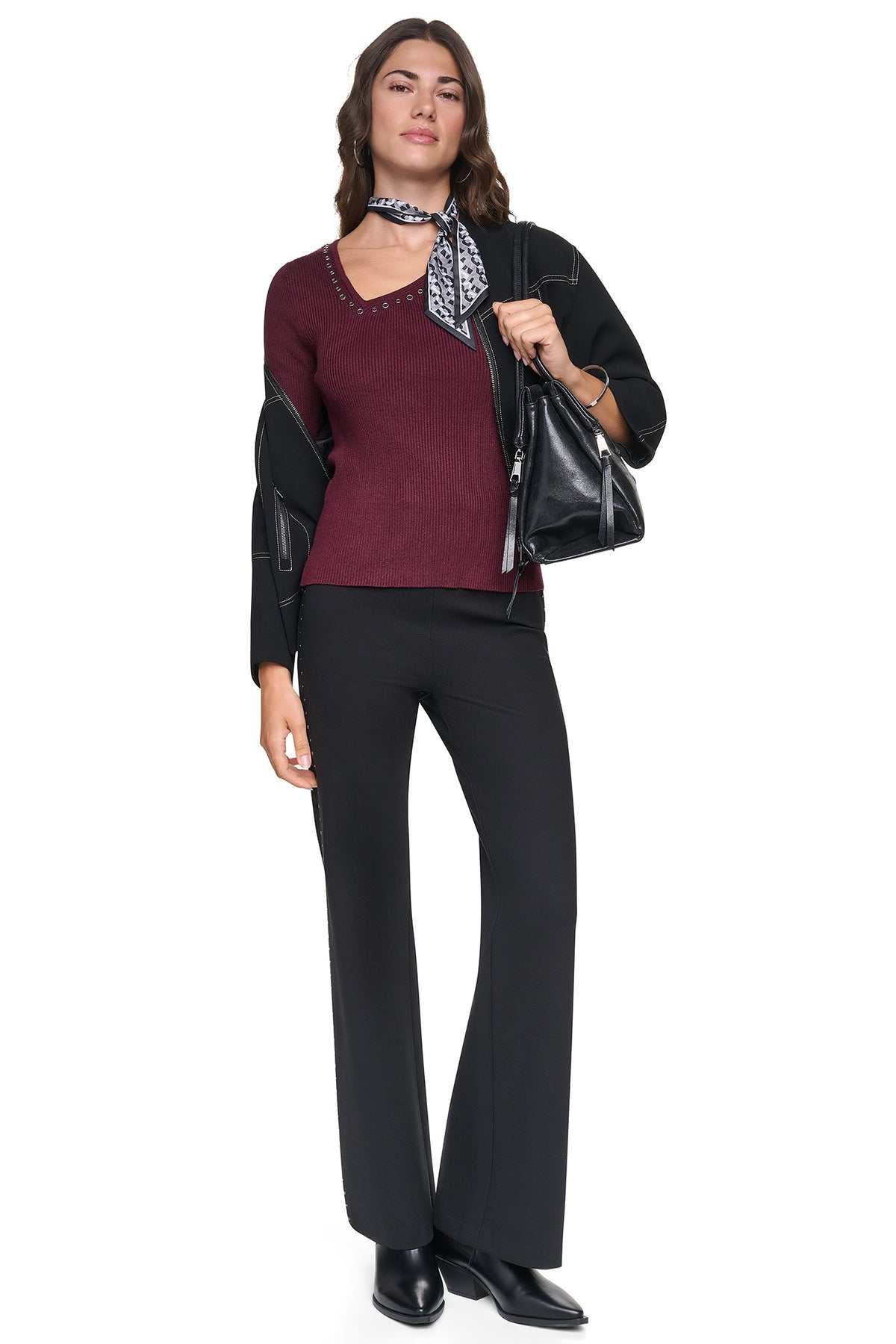 DKNY ASYMMETRIC NECK STUDDED SWEATER