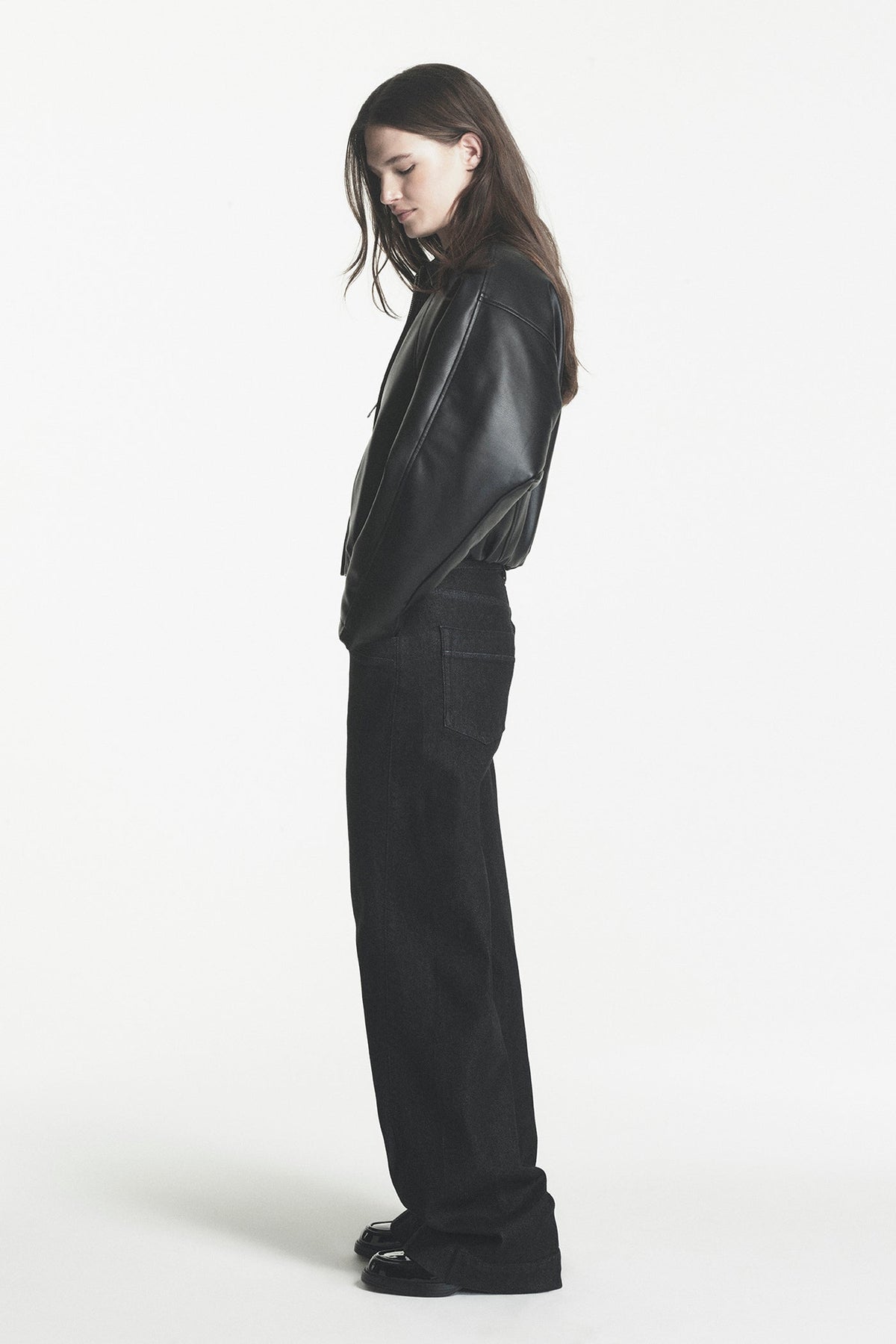 DKNY FAUX LEATHER BUBBLE HEM JACKET