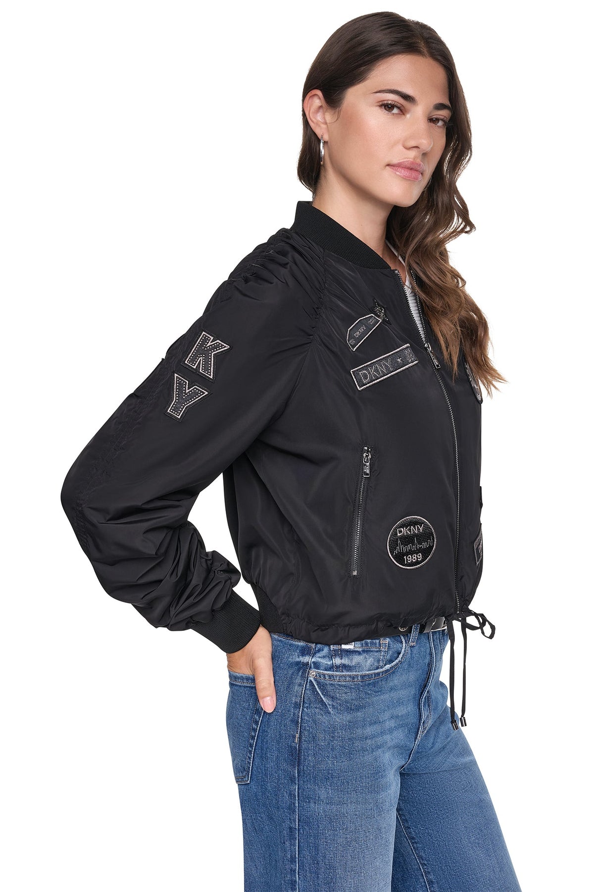 DKNY PINS & PATCHES RUCHED JACKET