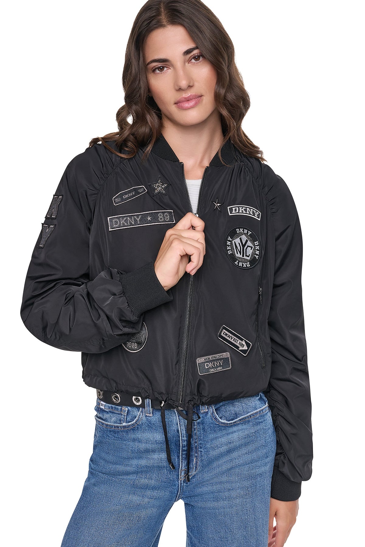 DKNY PINS & PATCHES RUCHED JACKET