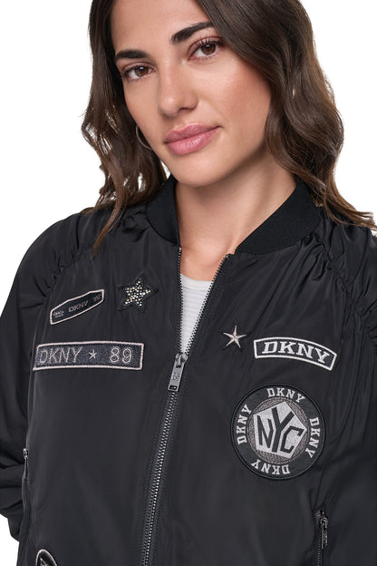 DKNY PINS & PATCHES RUCHED JACKET