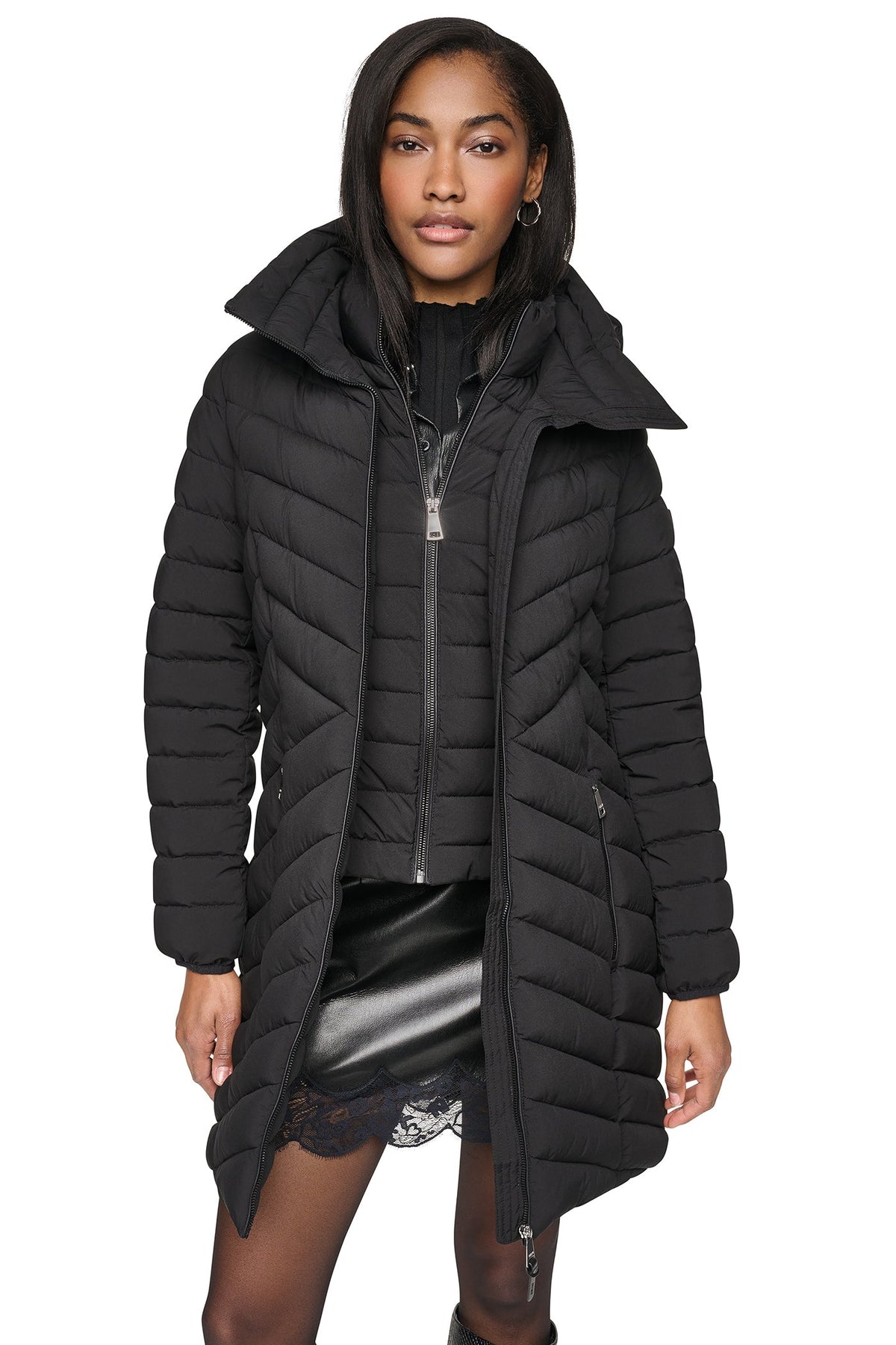 DKNY HOODED STAND COLLAR PUFFER
