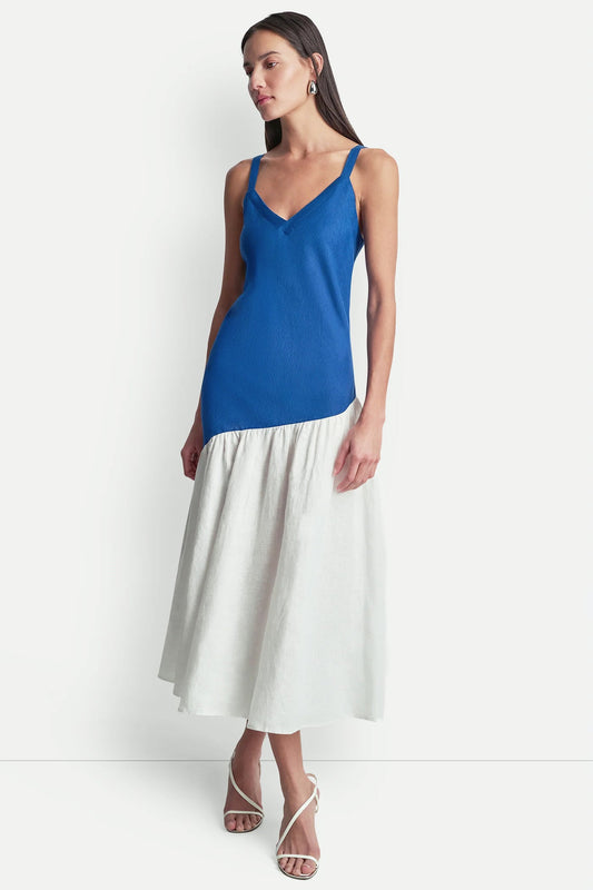 DKNY LINEN SLEEVELESS TWO-TONE MIDI DRESS
