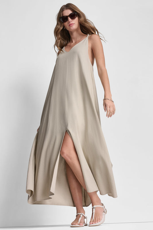 DKNY LINEN-BLEND TIE BACK MAXI DRESS