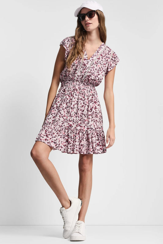 DKNY SMOCKED WAIST V-NECK DRESS