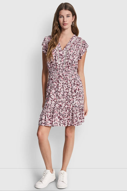 DKNY SMOCKED WAIST V-NECK DRESS