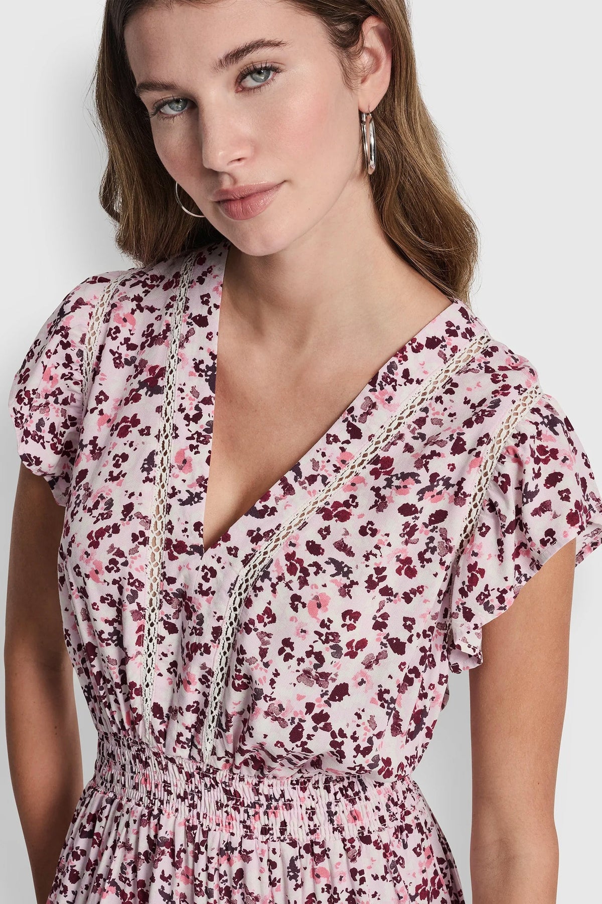 DKNY SMOCKED WAIST V-NECK DRESS