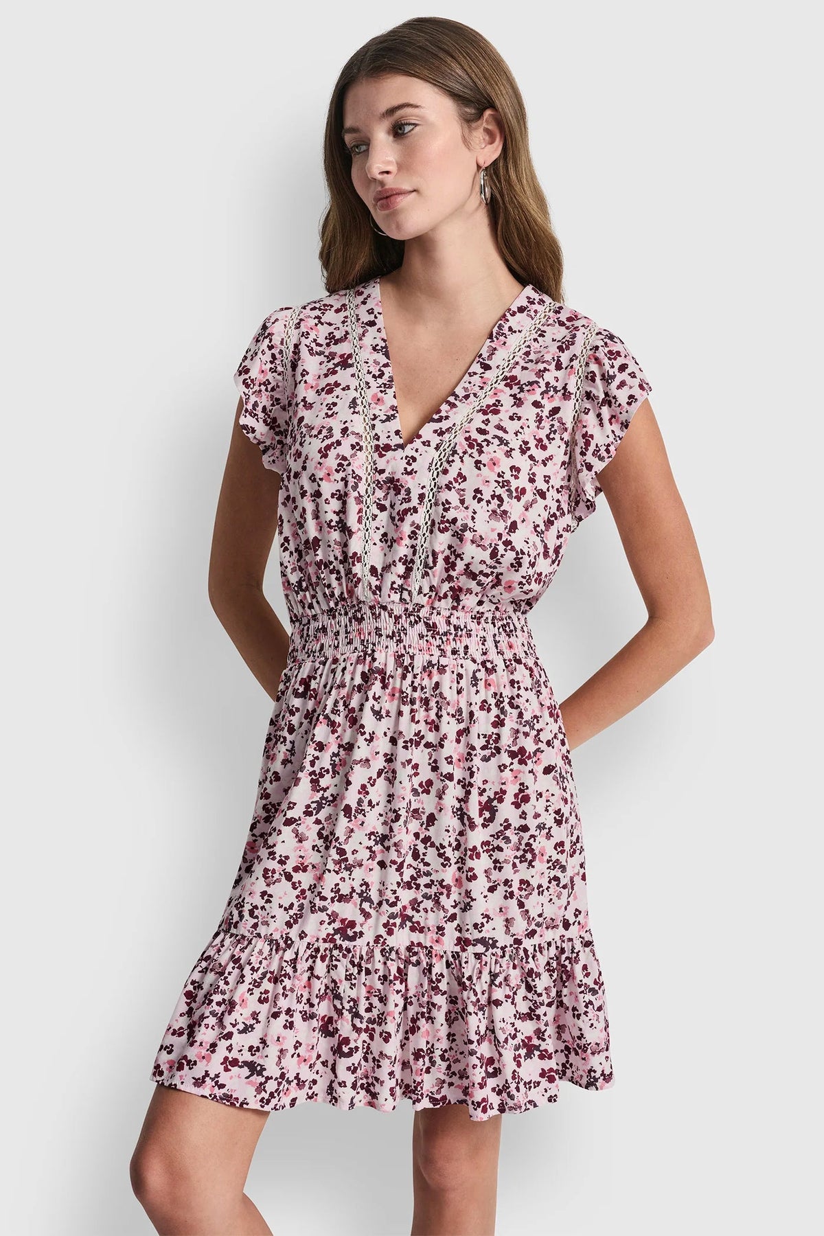 DKNY SMOCKED WAIST V-NECK DRESS
