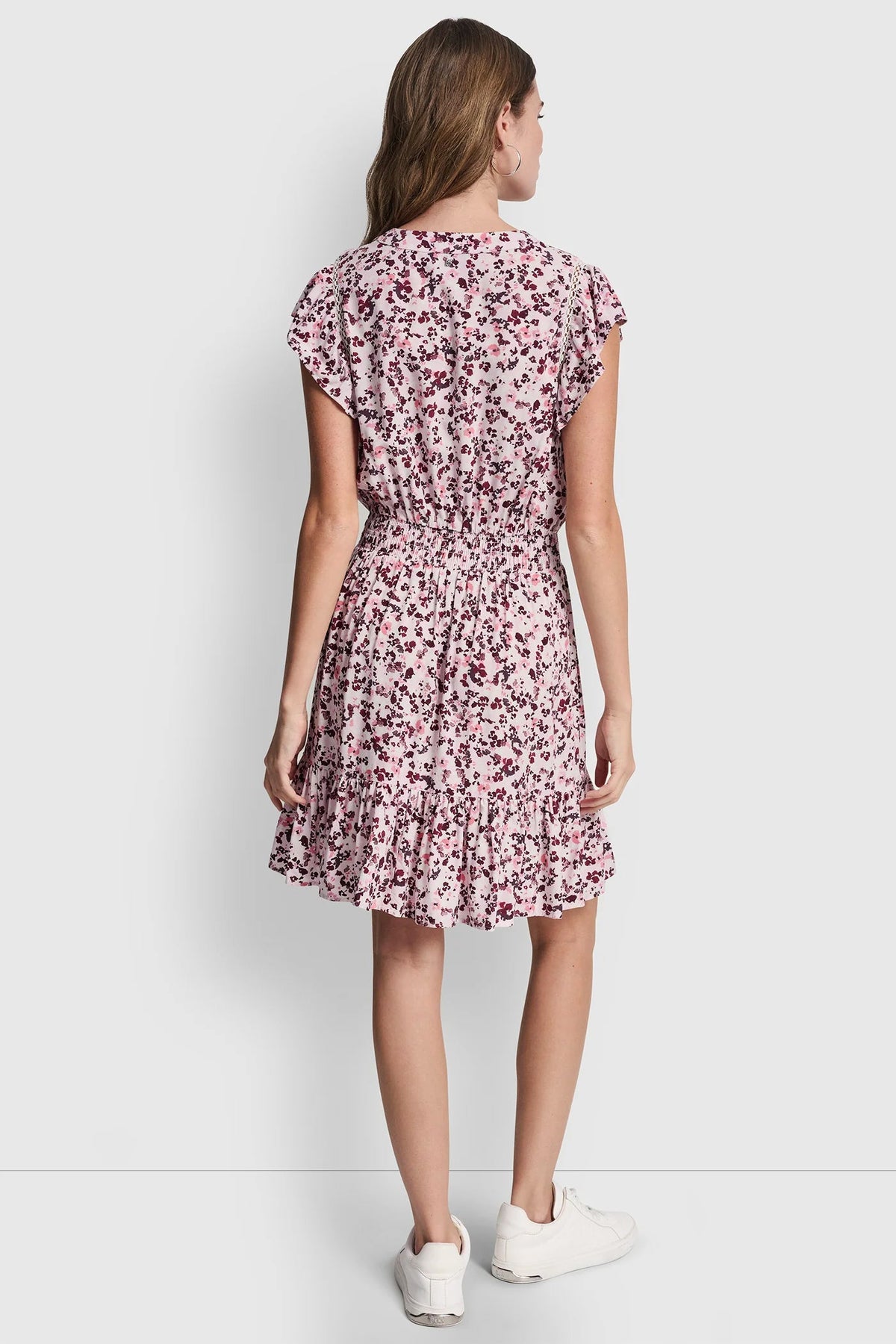 DKNY SMOCKED WAIST V-NECK DRESS