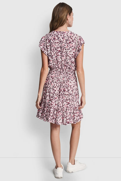 DKNY SMOCKED WAIST V-NECK DRESS