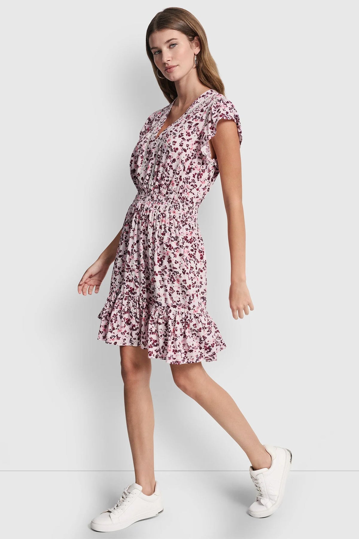 DKNY SMOCKED WAIST V-NECK DRESS