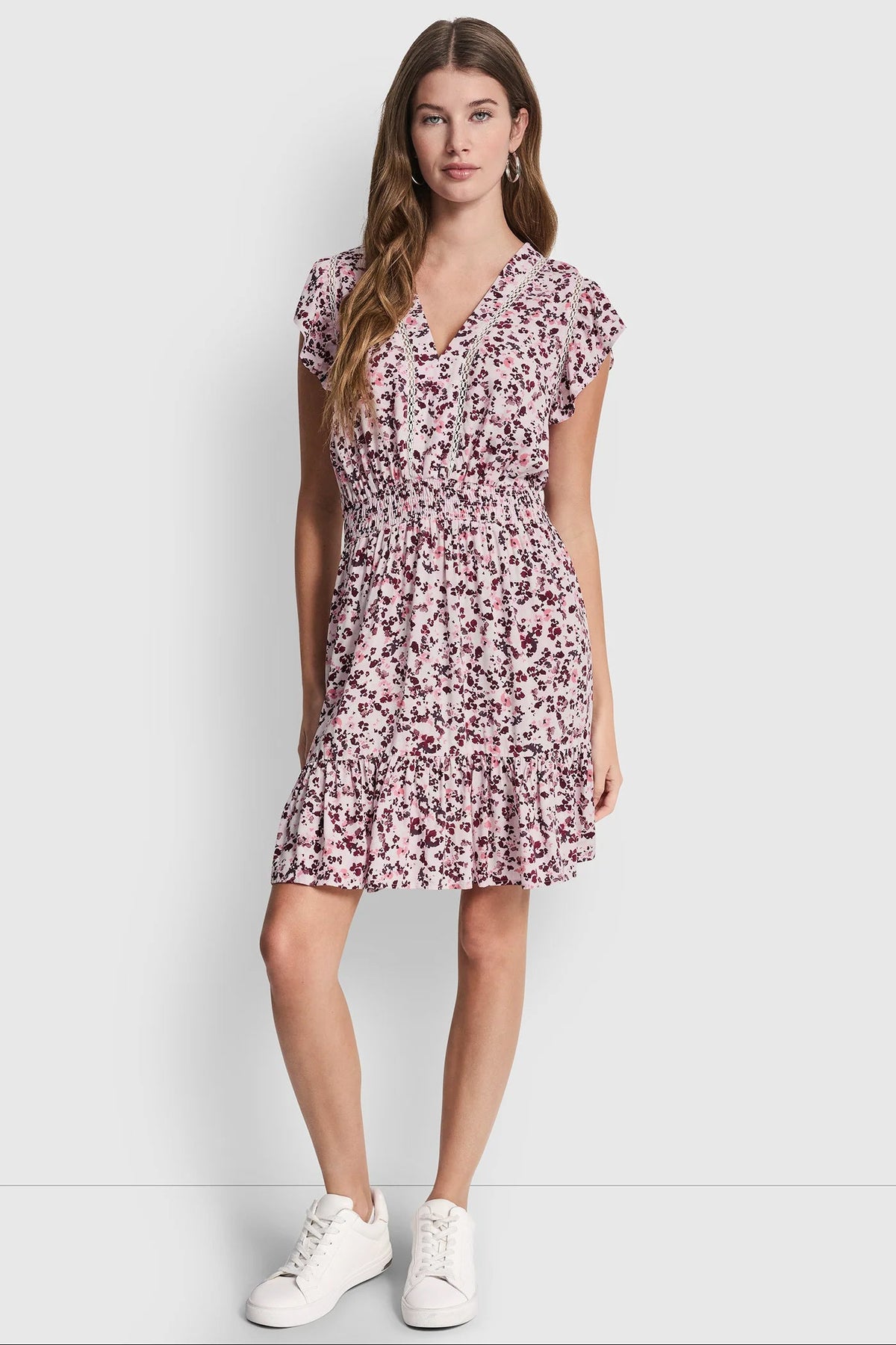 DKNY SMOCKED WAIST V-NECK DRESS
