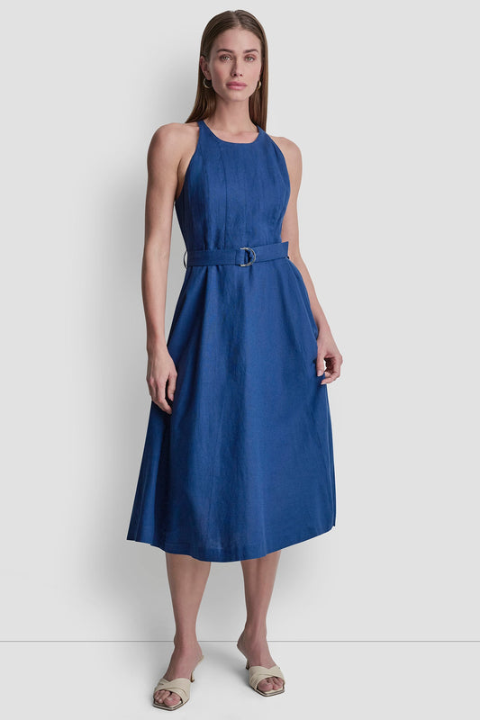DKNY LINEN-BLEND SLEEVELESS MIDI DRESS