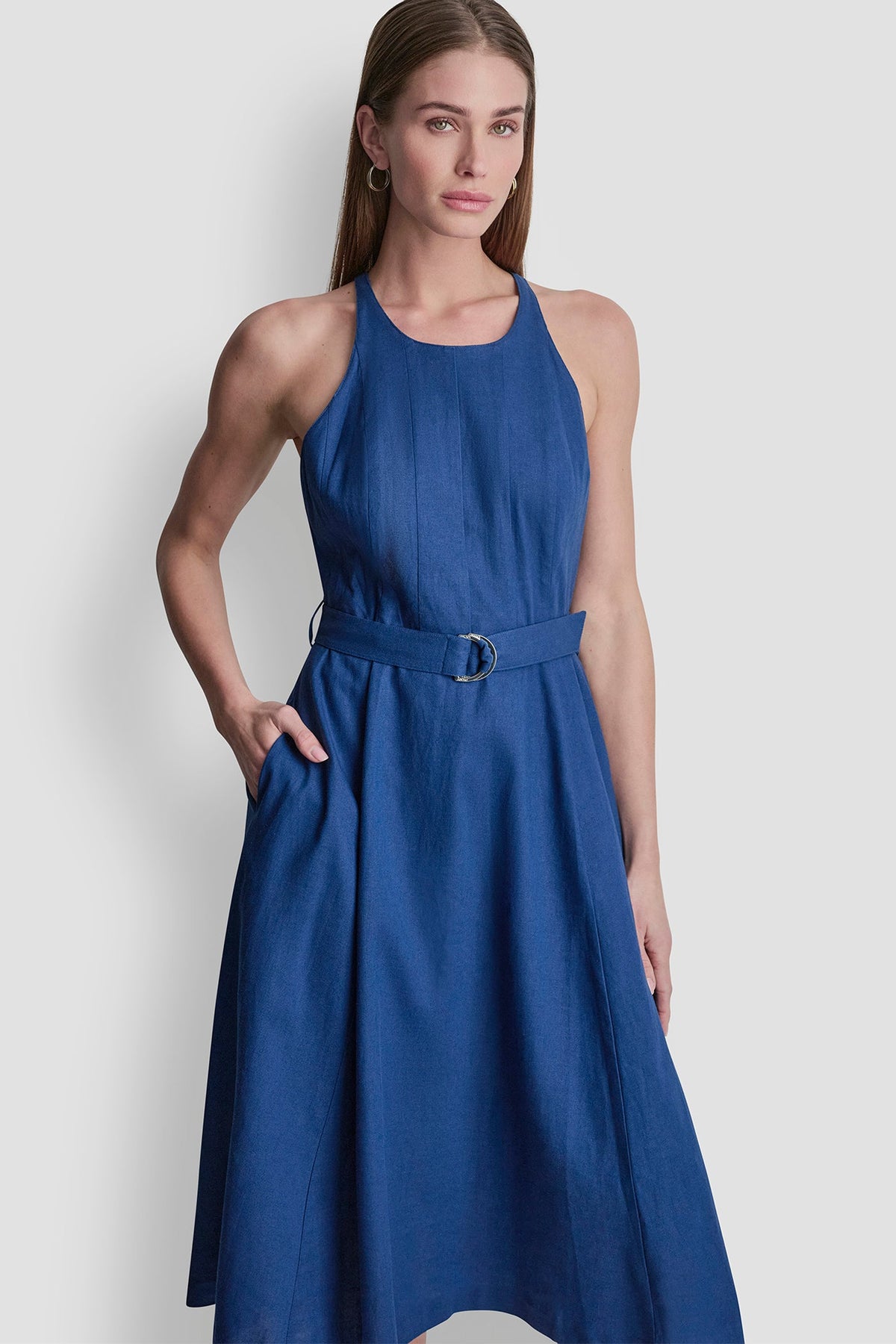 DKNY LINEN-BLEND SLEEVELESS MIDI DRESS