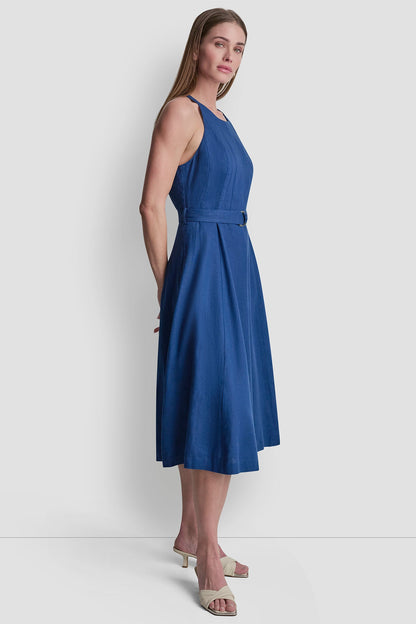 DKNY LINEN-BLEND SLEEVELESS MIDI DRESS