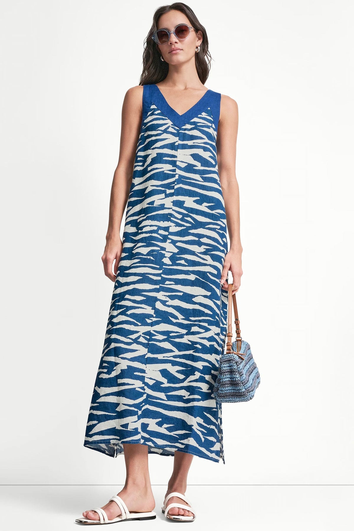 DKNY LINEN SLEEVELESS COLOR-BLOCK MIDI DRESS