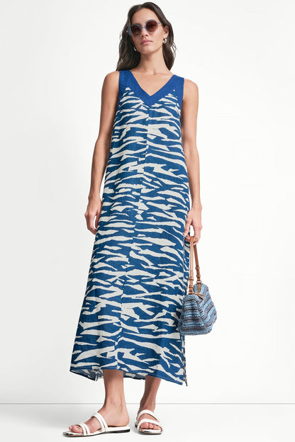 DKNY LINEN SLEEVELESS COLOR-BLOCK MIDI DRESS