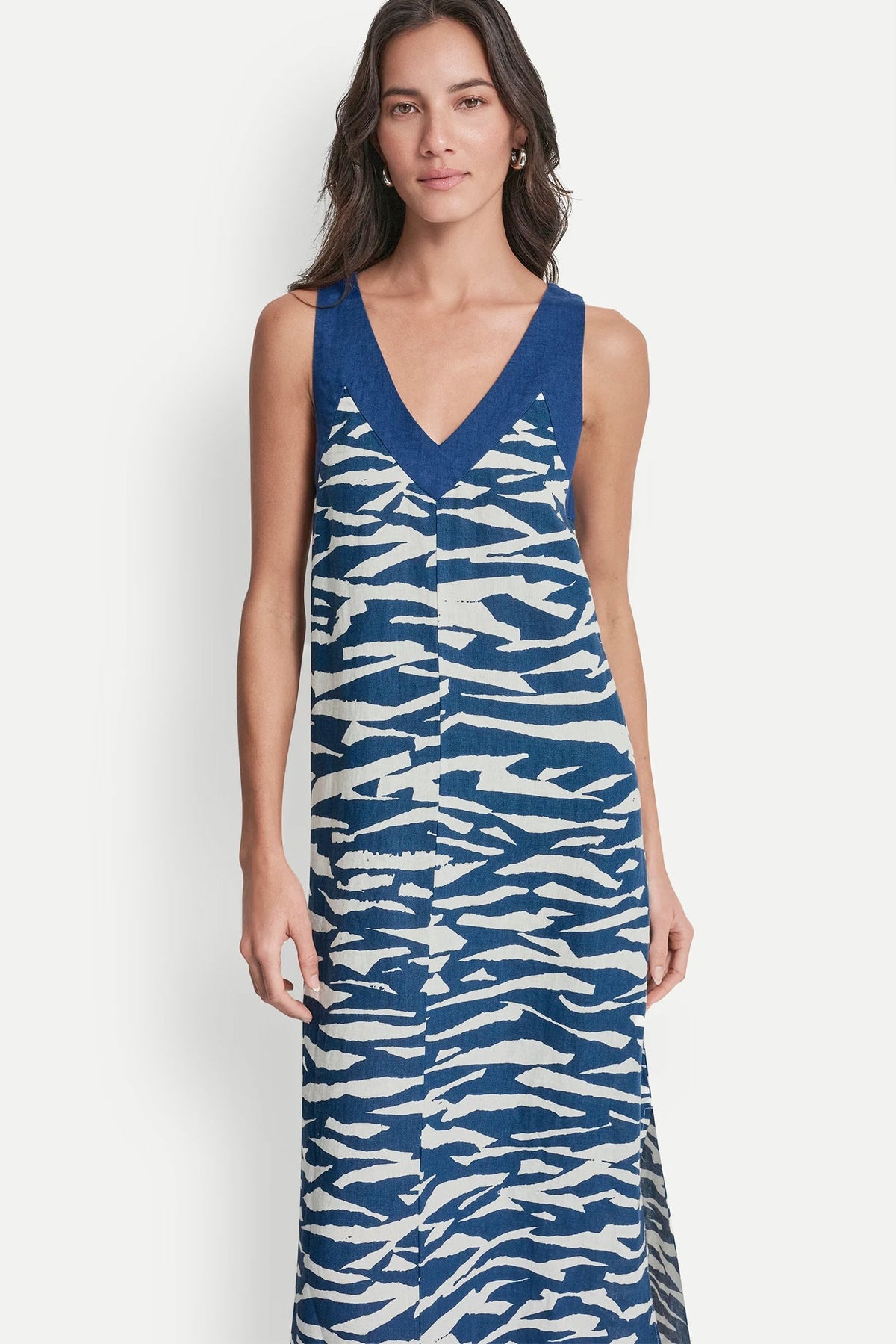 DKNY LINEN SLEEVELESS COLOR-BLOCK MIDI DRESS
