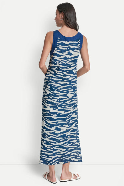 DKNY LINEN SLEEVELESS COLOR-BLOCK MIDI DRESS