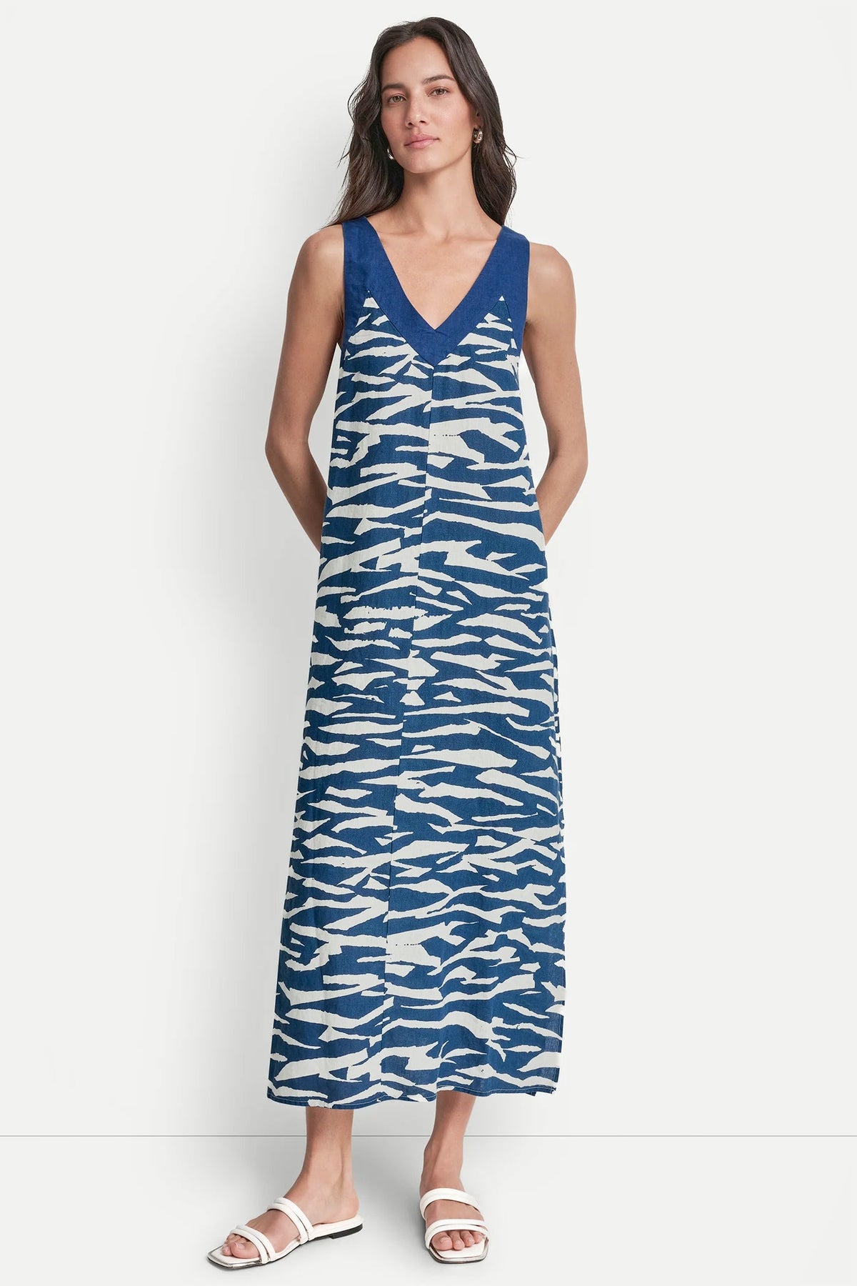 DKNY LINEN SLEEVELESS COLOR-BLOCK MIDI DRESS