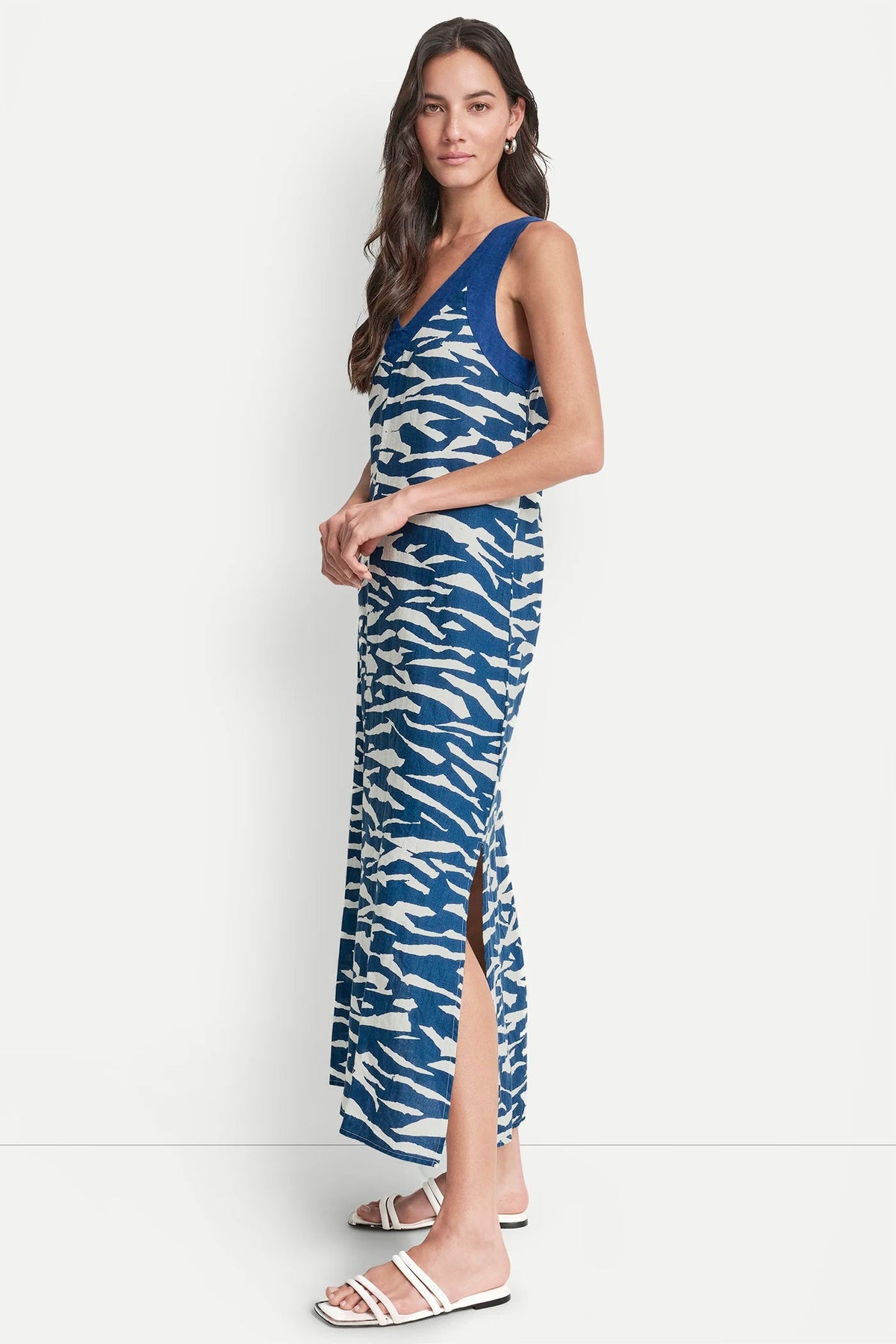 DKNY LINEN SLEEVELESS COLOR-BLOCK MIDI DRESS