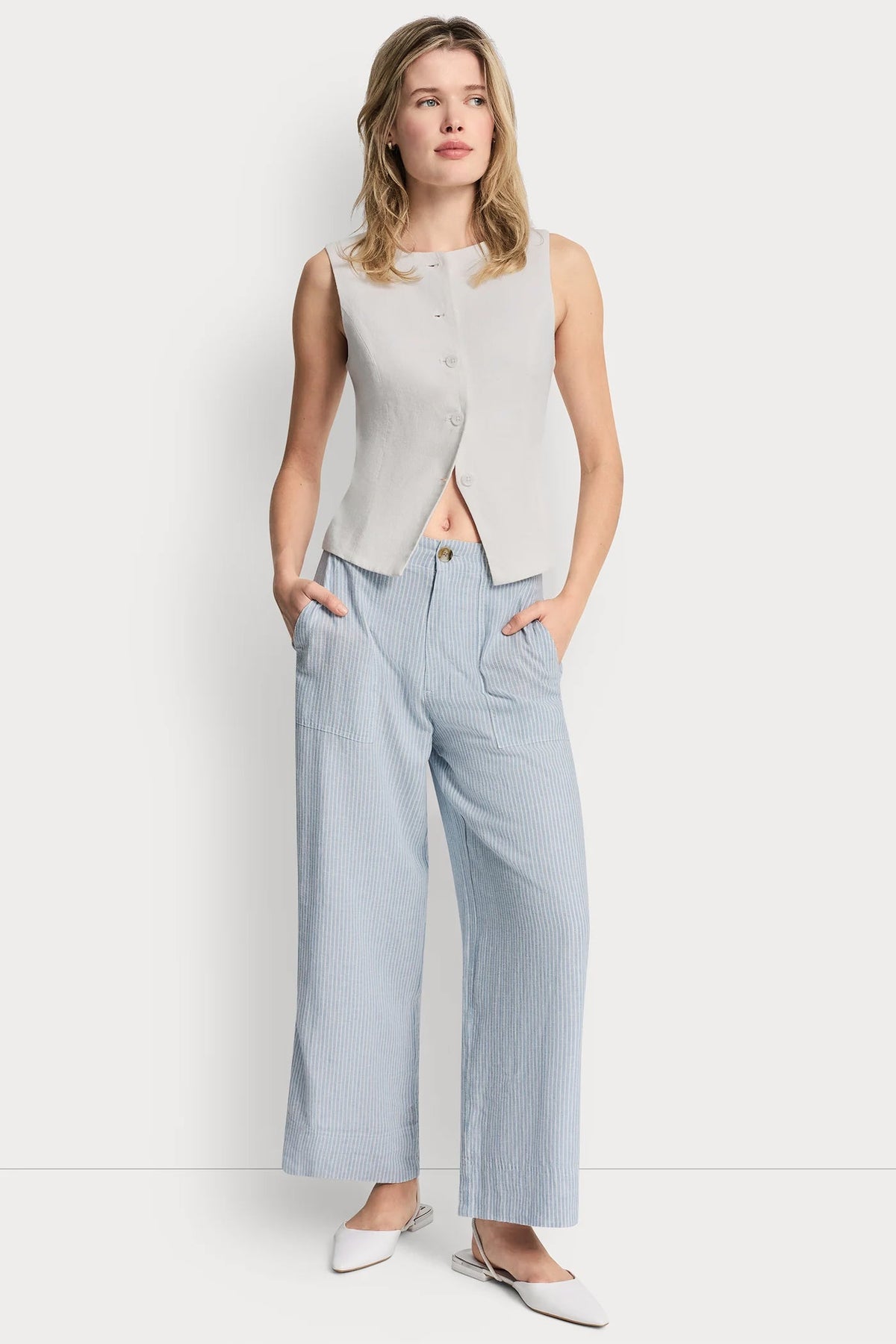 DKNY CROPPED WIDE LEG LINEN-BLEND PANTS