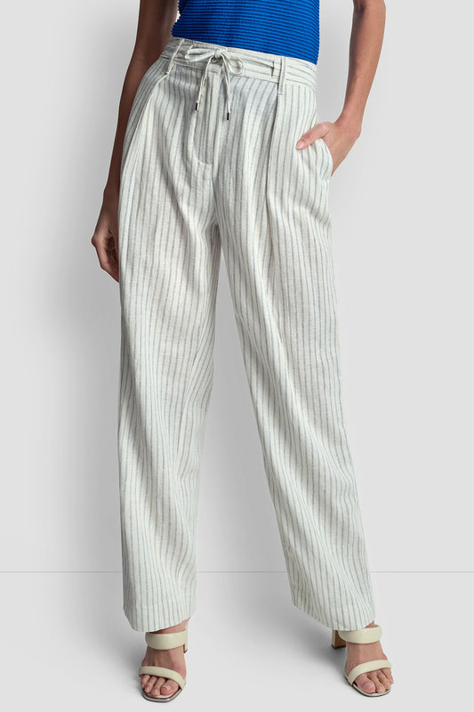 DKNY MID-RISE LINEN-BLEND PINSTRIPED PLEATED WIDE-LEG PANT