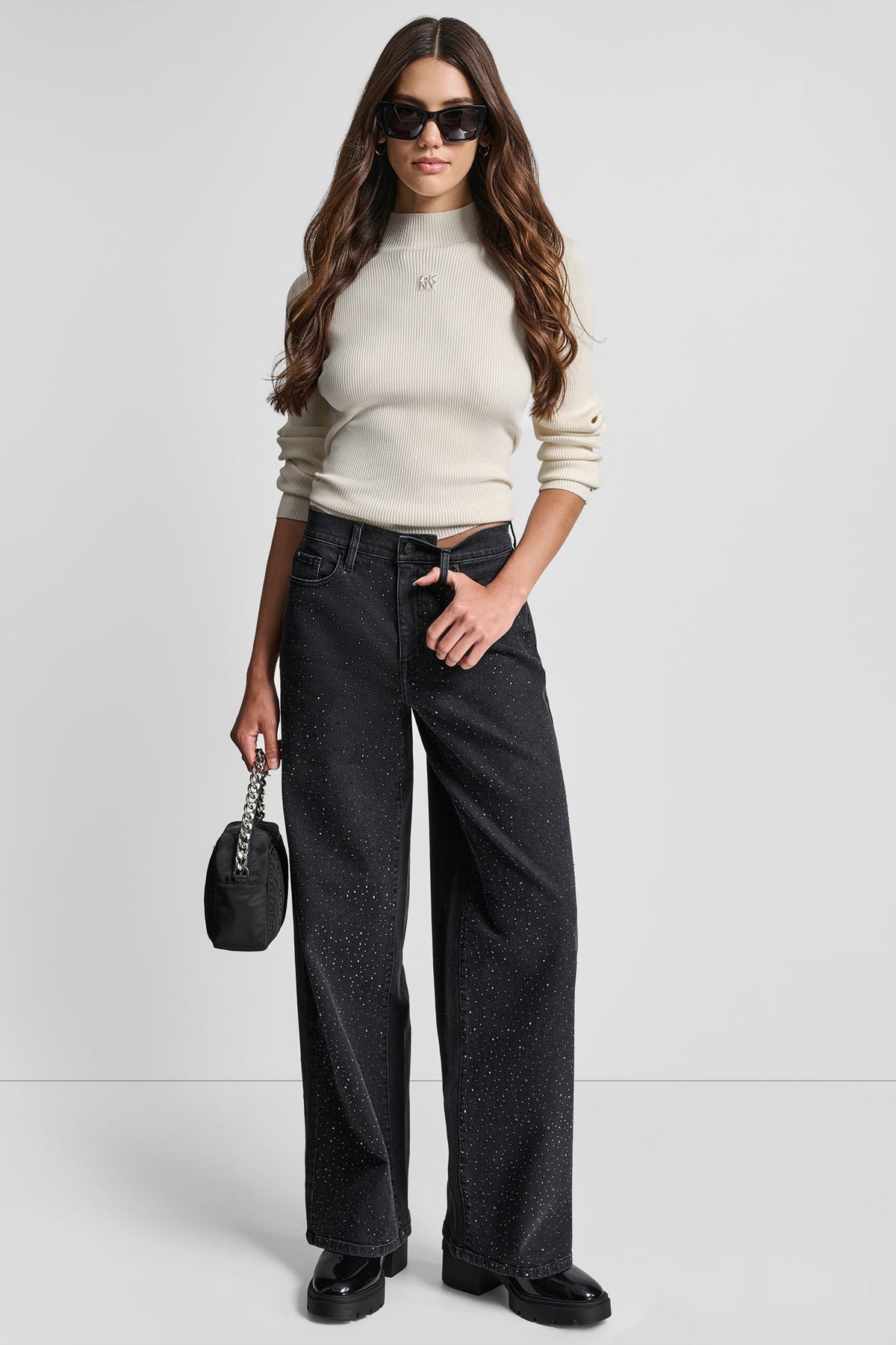 DKNY HIGH-RISE WIDE LEG WITH RHINESTONE EMBELLISHMENT