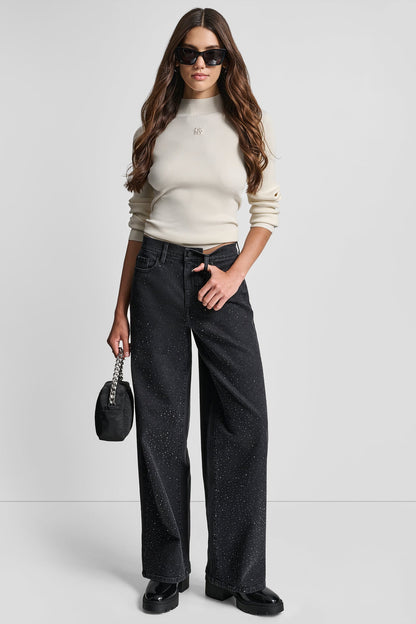 DKNY HIGH-RISE WIDE LEG WITH RHINESTONE EMBELLISHMENT