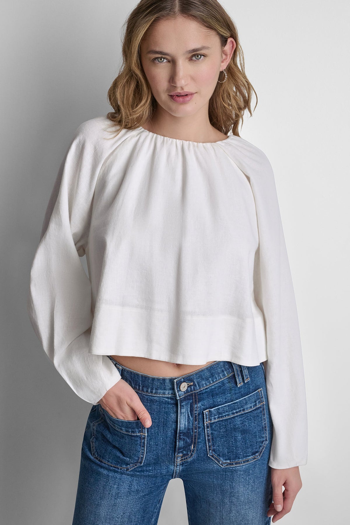 DKNY LINEN-BLEND RAGLAN SLEEVE BLOUSE