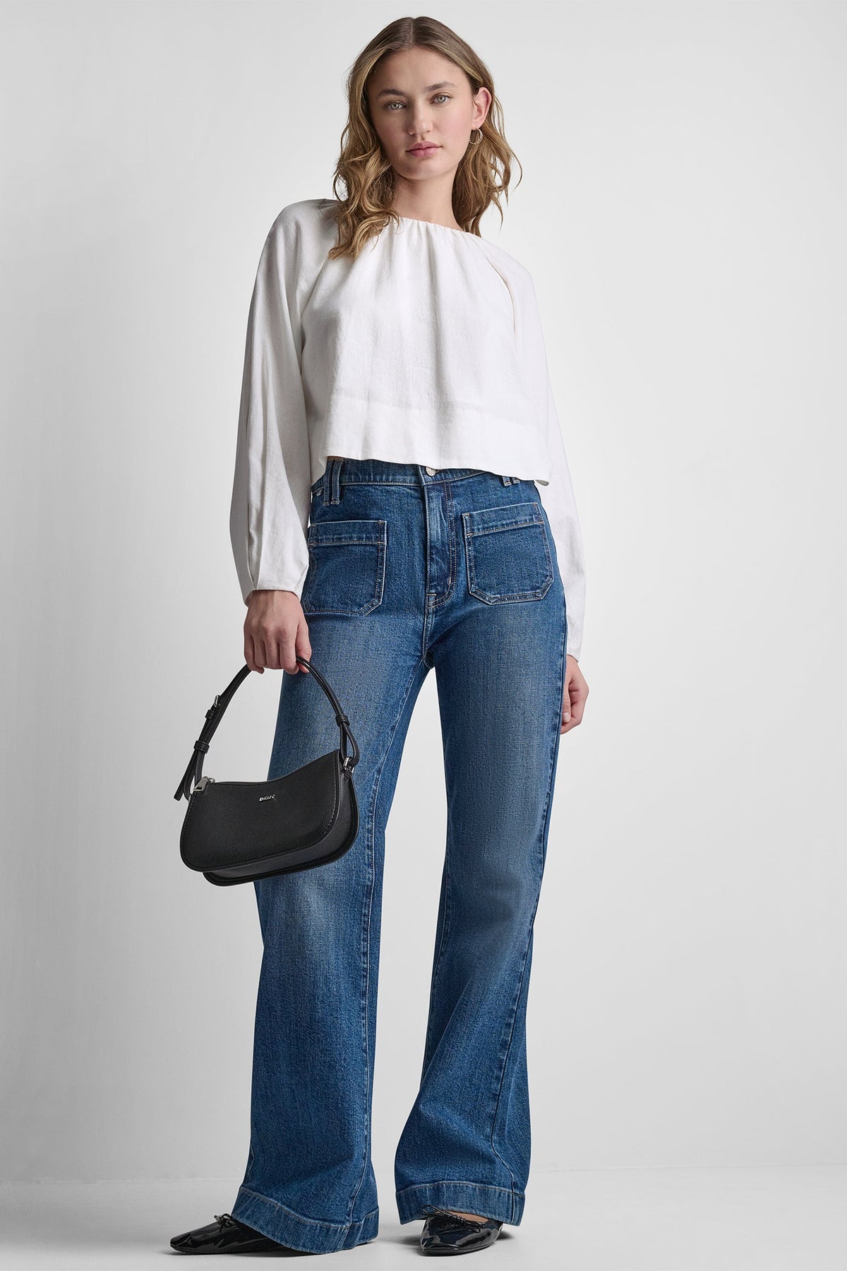 DKNY LINEN-BLEND RAGLAN SLEEVE BLOUSE