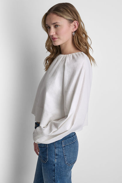 DKNY LINEN-BLEND RAGLAN SLEEVE BLOUSE