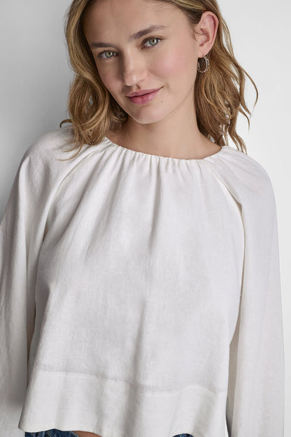 DKNY LINEN-BLEND RAGLAN SLEEVE BLOUSE