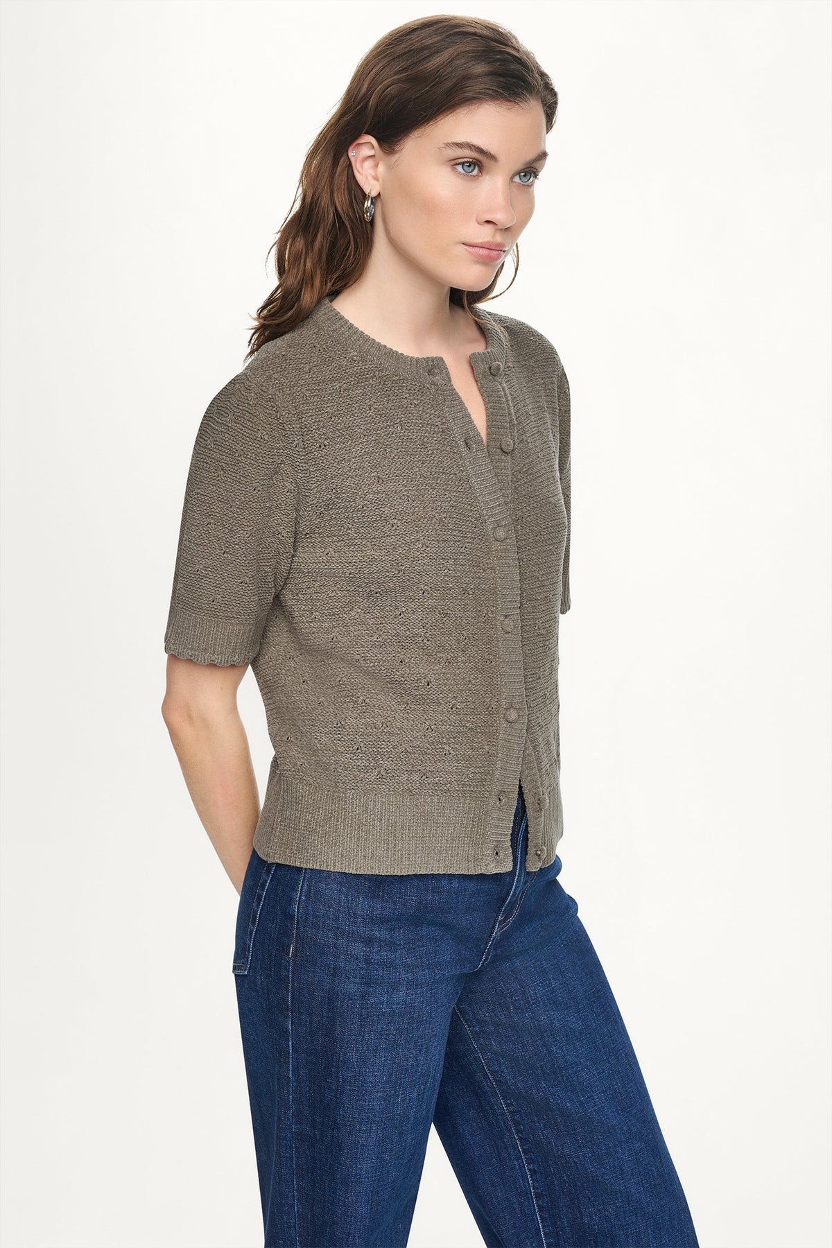 DKNY ELBOW SLEEVE CHENILLE CARDIGAN