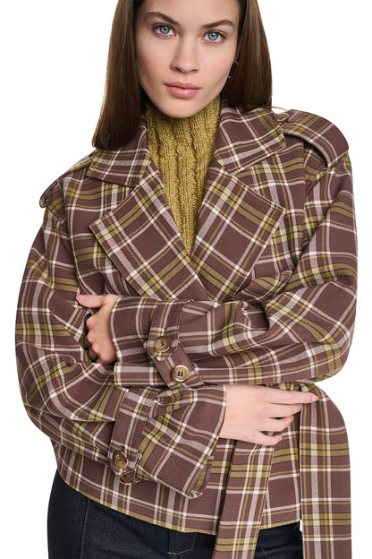 DKNY PLAID DOUBLE BREASTED SHORT TRENCH