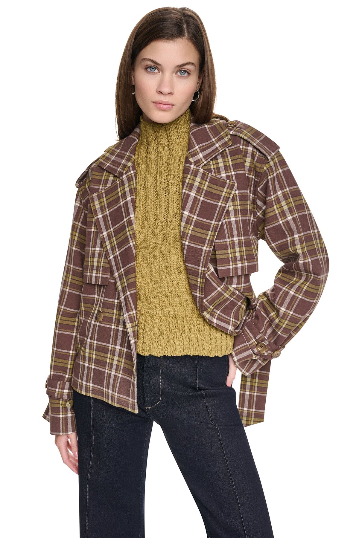 DKNY PLAID DOUBLE BREASTED SHORT TRENCH
