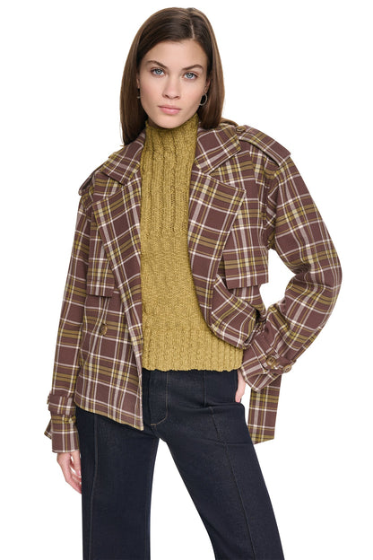 DKNY PLAID DOUBLE BREASTED SHORT TRENCH