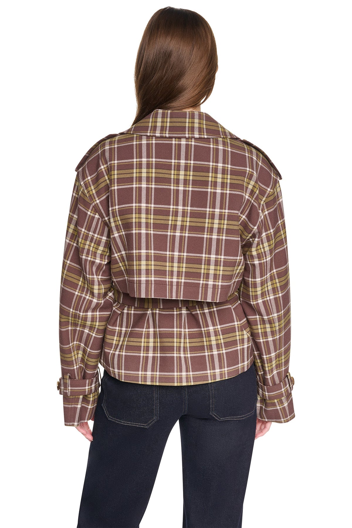 DKNY PLAID DOUBLE BREASTED SHORT TRENCH