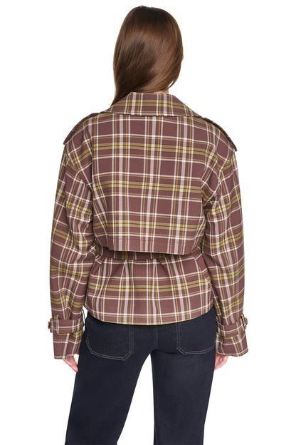 DKNY PLAID DOUBLE BREASTED SHORT TRENCH