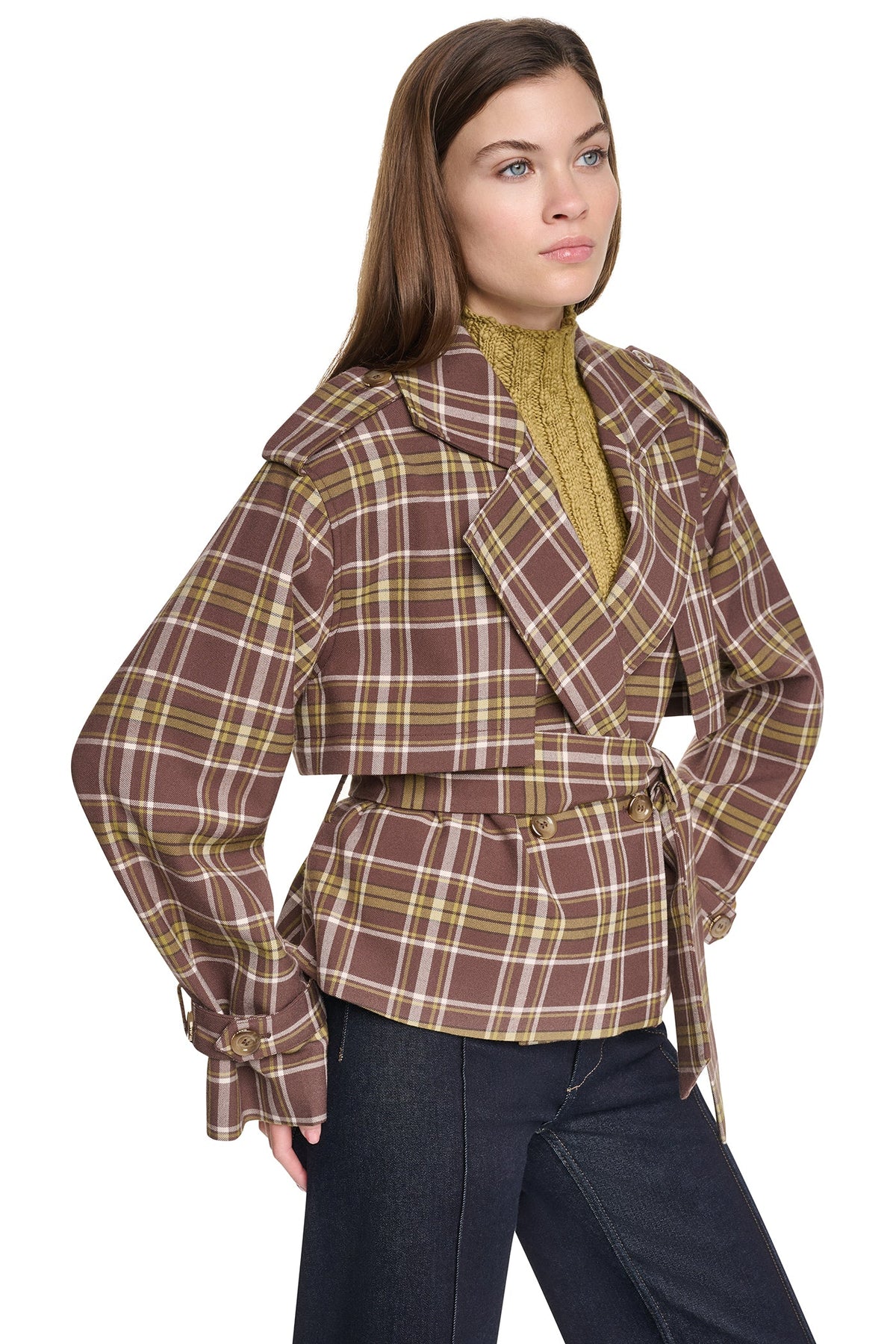 DKNY PLAID DOUBLE BREASTED SHORT TRENCH
