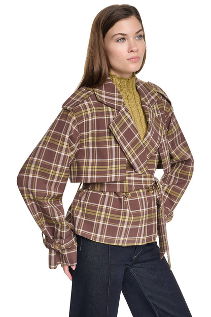 DKNY PLAID DOUBLE BREASTED SHORT TRENCH