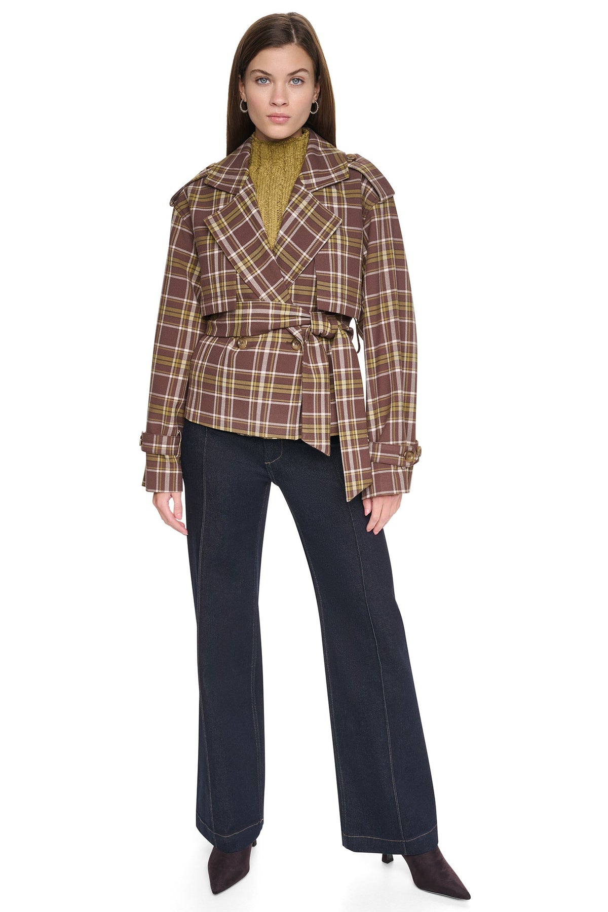 DKNY PLAID DOUBLE BREASTED SHORT TRENCH