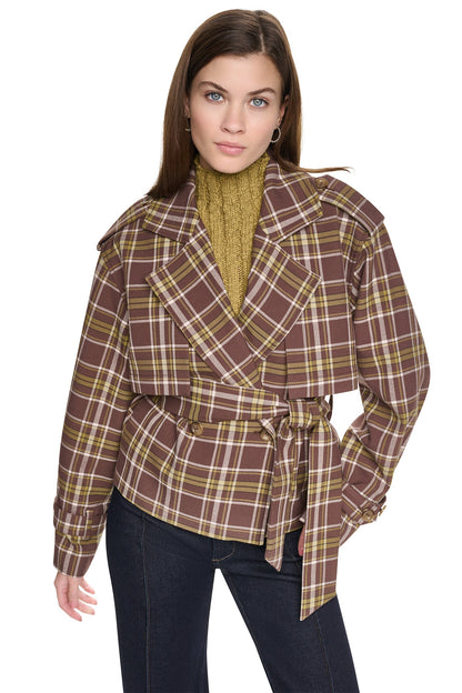DKNY PLAID DOUBLE BREASTED SHORT TRENCH