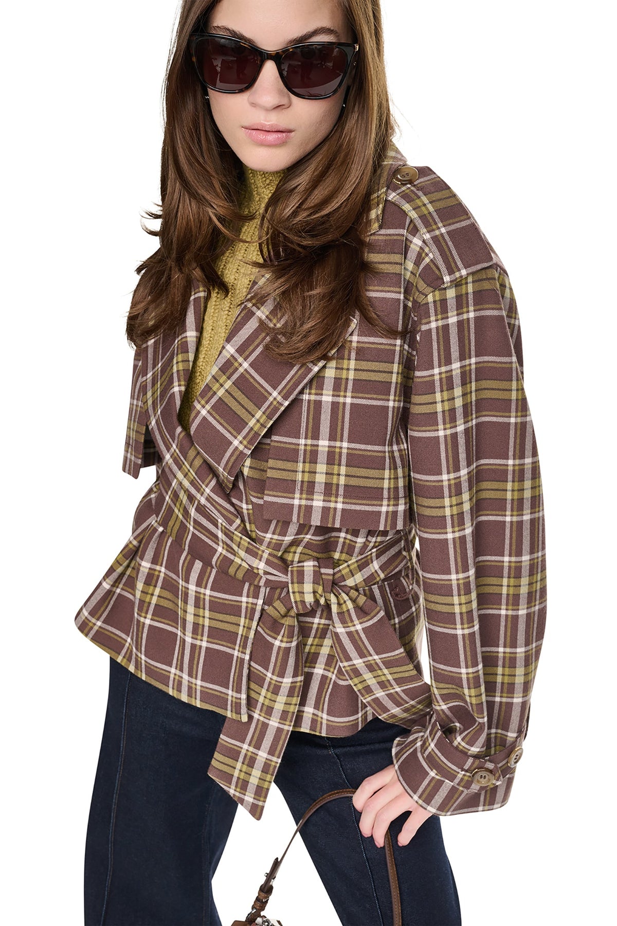 DKNY PLAID DOUBLE BREASTED SHORT TRENCH