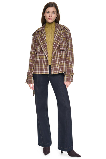 DKNY PLAID DOUBLE BREASTED SHORT TRENCH