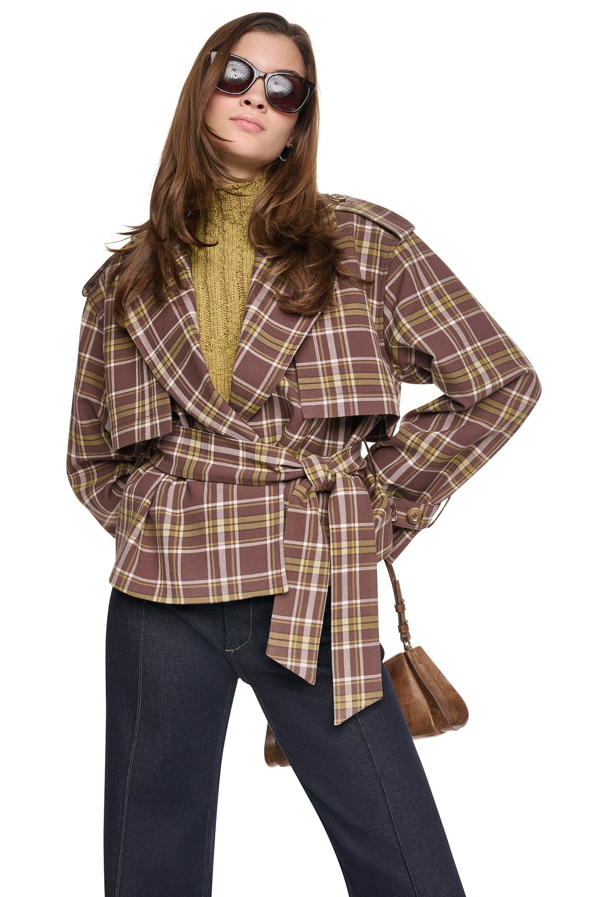 DKNY PLAID DOUBLE BREASTED SHORT TRENCH