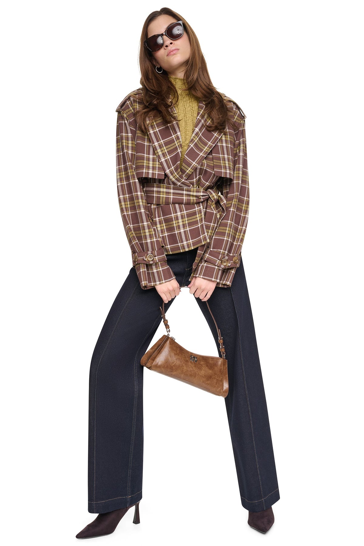 DKNY PLAID DOUBLE BREASTED SHORT TRENCH